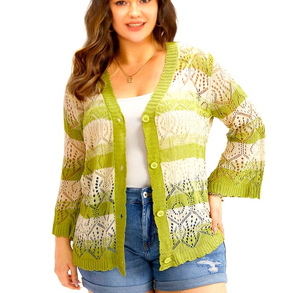 NWOT BloomChic “MEMORY” stripe pointelle cardigan sweater. Kiwi and ecru. Sz 12 - Picture 1 of 11